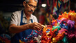 Mexican paper mache artisan crafts vibrant piñata workshop filled with colors and glue scent.