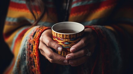 Wall Mural - A close-up of a woman's hands cradling a mug.