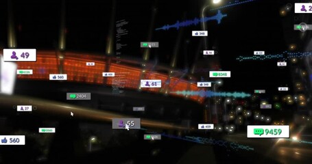 Poster - Animation of notification bars, computer language over moving vehicles against buildings