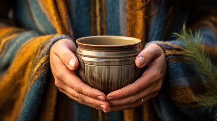 Wall Mural - A close-up of a woman's hands cradling a mug.