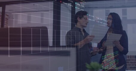 Poster - Animation of multiple graphs and trading boards over diverse coworkers discussing reports