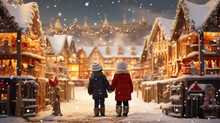 Beautiful And Romantic Christmas Markets. Children Looking At Sweets At The Christmas Market