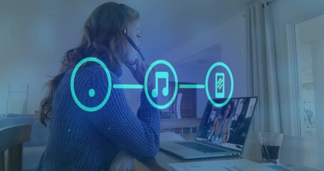 Poster - Animation of wifi, music, phone icons forming flowchart, caucasian woman discussing over video call