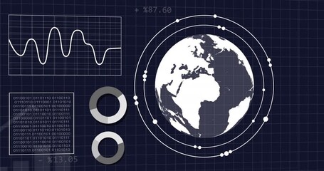 Poster - Animation of interface with spinning globe and statistical data processing against blue background