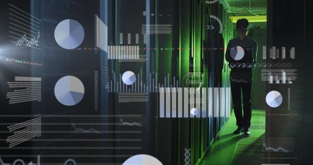 Poster - Animation of statistical data processing over asian male engineer with laptop working at server room