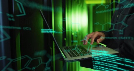 Poster - Animation of data processing against mid section of male engineer using laptop at server room