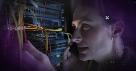 Poster - Animation of abstract shapes against caucasian female engineer talking on smartphone at server room