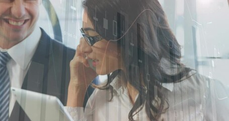 Poster - Animation of statistical data processing over biracial businesswoman talking on smartphone at office
