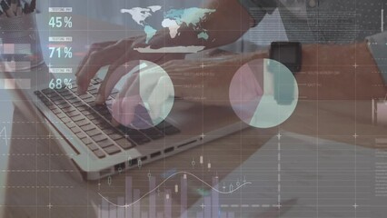 Poster - Animation of statistical data processing against mid section of a man using laptop at office