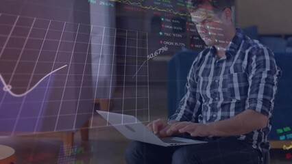 Poster - Animation of stock market data processing over thoughtful caucasian man using laptop at office