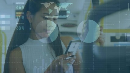 Poster - Animation of statistical data processing against asian woman using smartphone in the bus