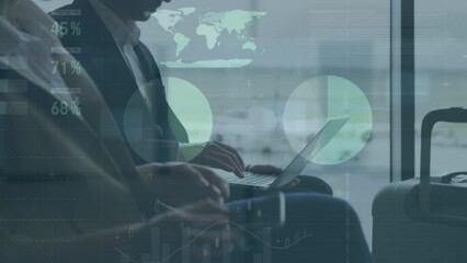 Poster - Animation of data processing against mid section of a businessman using smartphone at an airport