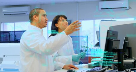 Wall Mural - Animation of data processing over diverse male and female scientists discussing at laboratory