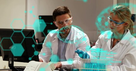 Poster - animation of medical data processing over diverse male and female scientists working at laboratory
