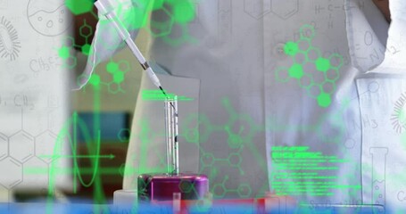 Poster - Animation of data processing over mid section of a scientist performing experiment at laboratory