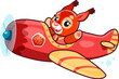 Cartoon cute squirrel animal character on plane. Animal kid airplane pilot bringing joy and excitement, ready to embark on exciting adventure in the sky. Isolated vector personage on vintage aeroplane