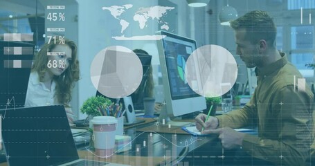 Poster - Animation of statistical data processing against caucasian man taking notes at office