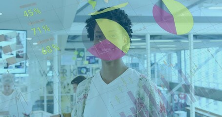Poster - Animation of statistical data processing over portrait of african american woman smiling at office