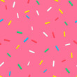 Donut candy sprinkles seamless pattern background of sweet glaze dessert, vector confetti. Pink cake or candy sprinkles pattern on ice cream, color sprinkles on cupcake donut for bakery background