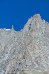 The snow-capped mountains of the Mont Blanc Alps, shot in Val Ferret, near the town of Courmayeur, Aosta Valley, Italy - October 2, 2023.