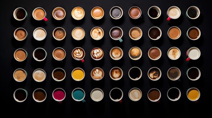 Poster -  a group of coffee cups filled with different types of coffee.  generative ai