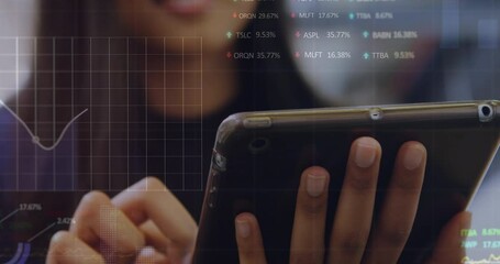 Poster - Animation of stock market data processing against mid section of a woman using digital tablet