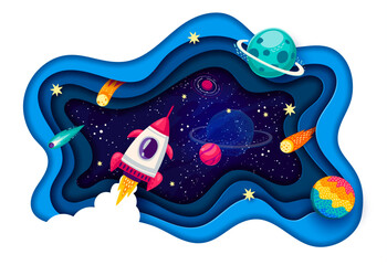 Poster - Space paper cut banner. Rocket launch, starry galaxy landscape and planets, comets, stars and floating spaceship in vector frame of 3d wavy layers. Outer space travel and adventure papercut poster
