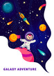 Cartoon kid astronaut on space planet. Astronomy science and education vector vertical poster or leaflet with boy astronaut funny character standing on planet surface, rocket and planet in outer space