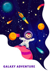 Poster - Cartoon kid astronaut on space planet. Astronomy science and education vector vertical poster or leaflet with boy astronaut funny character standing on planet surface, rocket and planet in outer space
