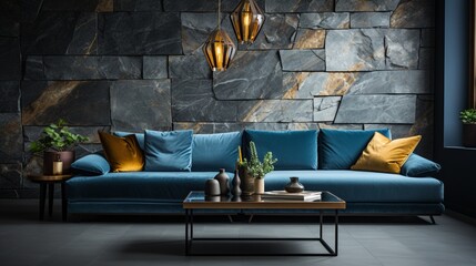 In a minimalist home interior design of a modern living room, a blue velvet sofa is positioned near a marble stone wall