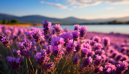 Wall Mural - lavender flowers on the beach. lavender closeup. lavender field with sky and the clouds. lavender fi