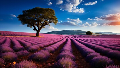Wall Mural - lavender field with sky and the clouds. lavender field in sunny climate. gorgeous purple lavender fi