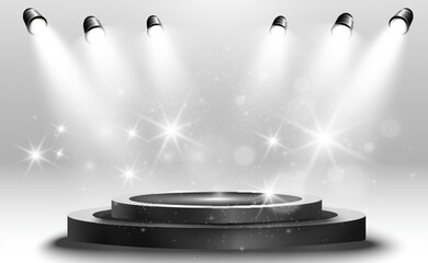 Wall Mural - podium, pedestal or platform, illuminated by spotlights in the background. vector illustration. brig