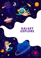 Poster - Space poster, landing page or flyer with galaxy planets and stars, kid astronaut and alien UFO, vector website template background. Outer space or cartoon galaxy and kid spaceman on spaceship rocket