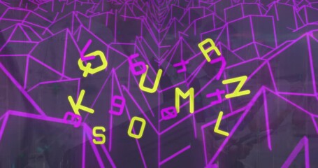 Poster - Animation of changing alphabets and numbers against metaverse structures in seamless pattern