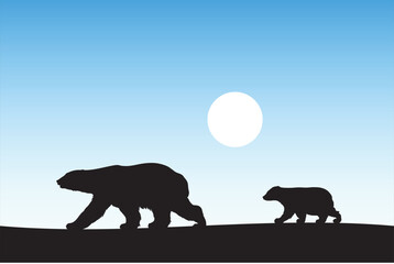 Sticker - polar bears walking. baby bear and mother. animal family silhouette