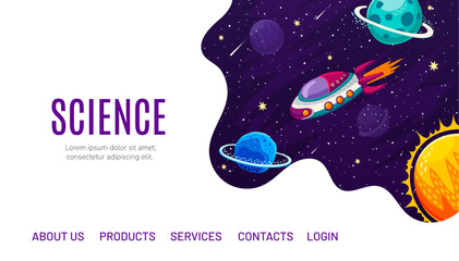 Poster - Galaxy space landing page with cartoon flying starship at solar system, vector website or web page template. Space shuttle or spaceship rocket in galaxy spaceflight to planets for website landing page