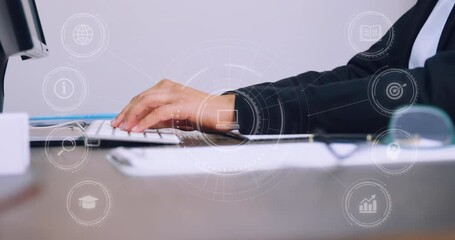 Poster - Animation of network of digital icons against mid section of a man using computer at office