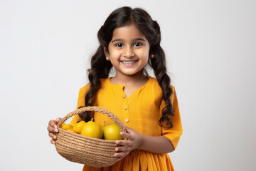 Wall Mural - Cute indian little girl holding mango fruits basket, smiling