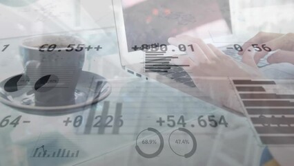 Poster - Animation of statistical stock market data processing over mid section of man using laptop at a cafe