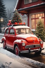 Red Retro Car With Gift Box And Christmas Tree On Top In Holiday Postcard Style With Snowflakes. Merry Christmas And Happy New Year Concept. AI Generated