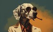 Photo of a stylish and rebellious dog rocking sunglasses and a suit while puffing on a cigarette