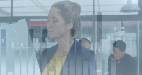Poster - Animation of multiple graphs over caucasian woman analyzing reports in office