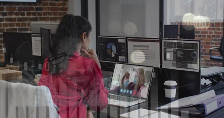 Poster - Animation of graphs over diverse woman talking with friends wearing mask discussing on video call