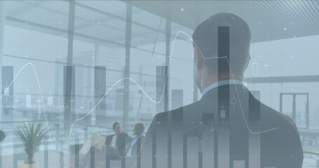 Wall Mural - Animation of multiple graph over rear view of caucasian man walking in office