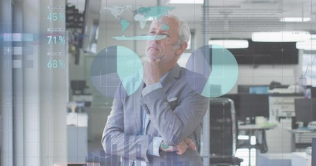 Poster - Animation of infographic interface over thoughtful caucasian man looking through window in office