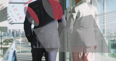 Poster - Animation of infographic interface over diverse coworkers discussing while walking in office