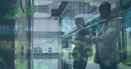 Poster - Animation of diverse man looking at smartwatch and woman using cellphone while waiting for elevator