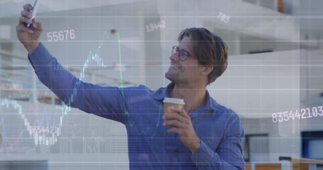 Poster - Animation of graphs, changing numbers, caucasian man holding coffee cup and taking selfie on phone