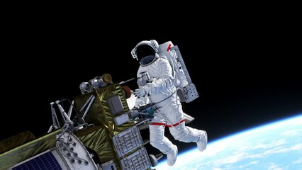 Sticker - astronaut working on a satellite in space